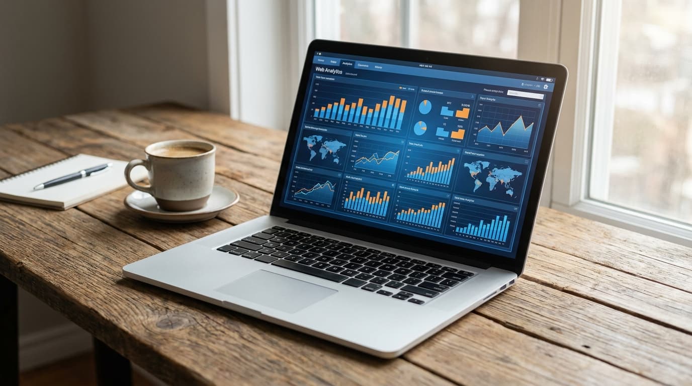 Ordinateur portable posé sur un bureau en bois, affichant un tableau de bord de statistiques avec graphiques et cartes, à côté d’une tasse de café.