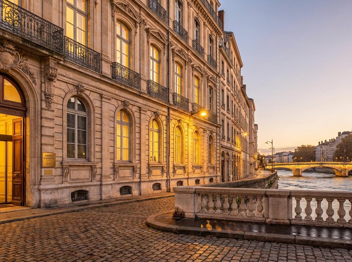 Façade éclairée d’un immeuble ancien en pierre, en bord de rivière avec un pont, au crépuscule.