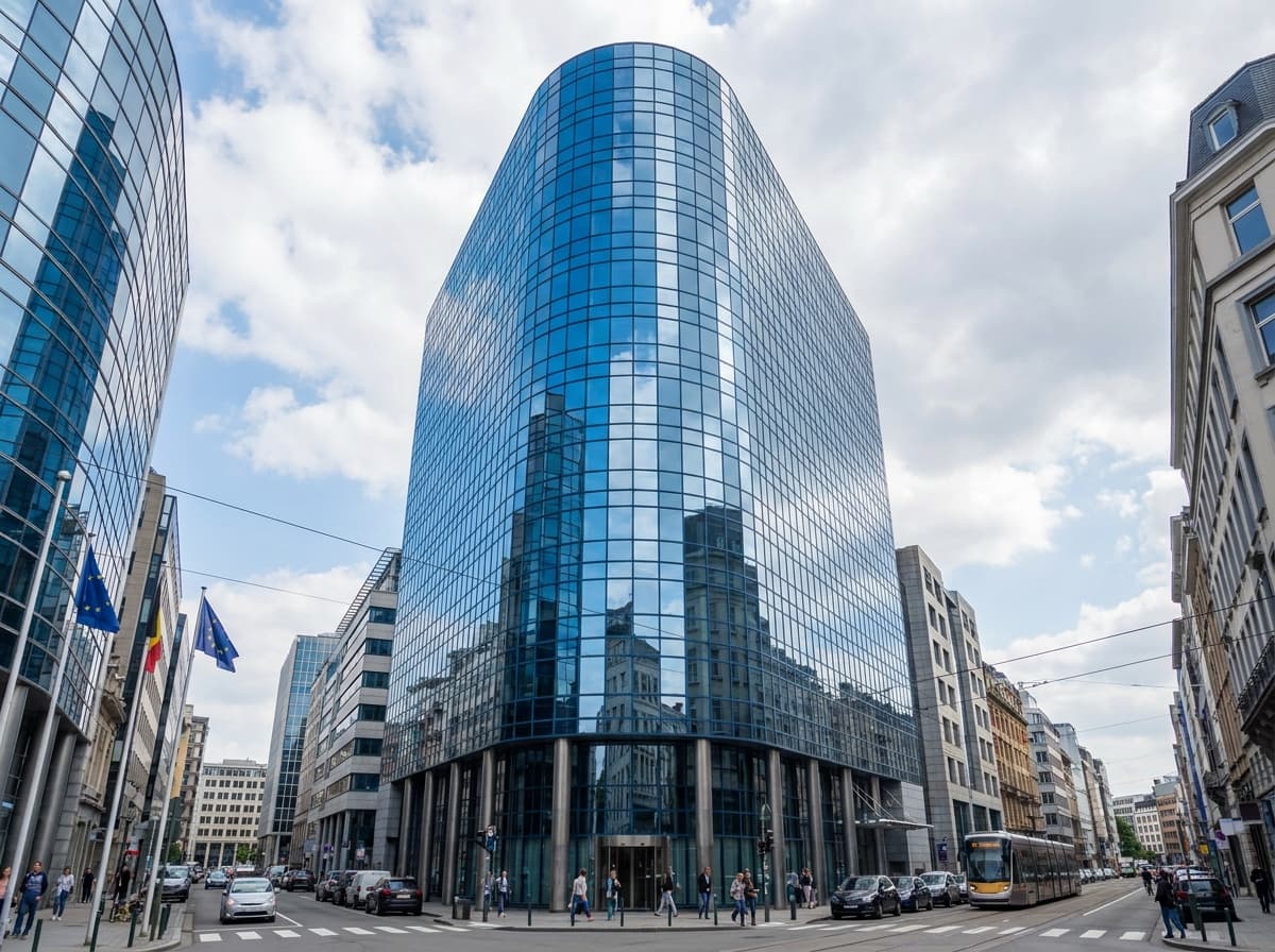 Façade vitrée incurvée d’un immeuble de bureaux moderne, avec un tramway et des passants dans une rue animée.