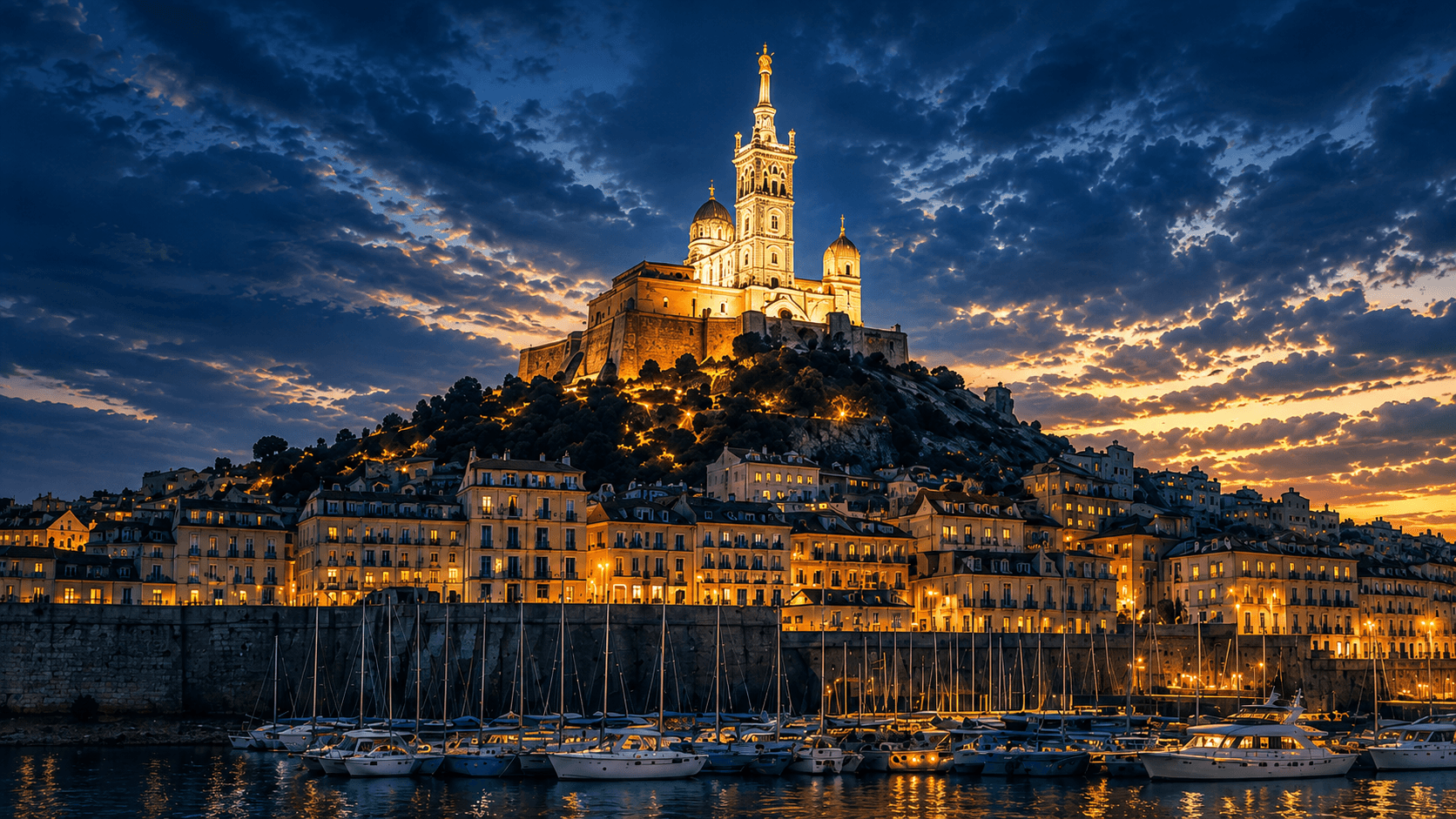 Vue panoramique du Vieux-Port de Marseille, avec la basilique Notre-Dame de la Garde surplombant le port, ses immeubles et les bateaux amarrés sous un ciel nuageux.